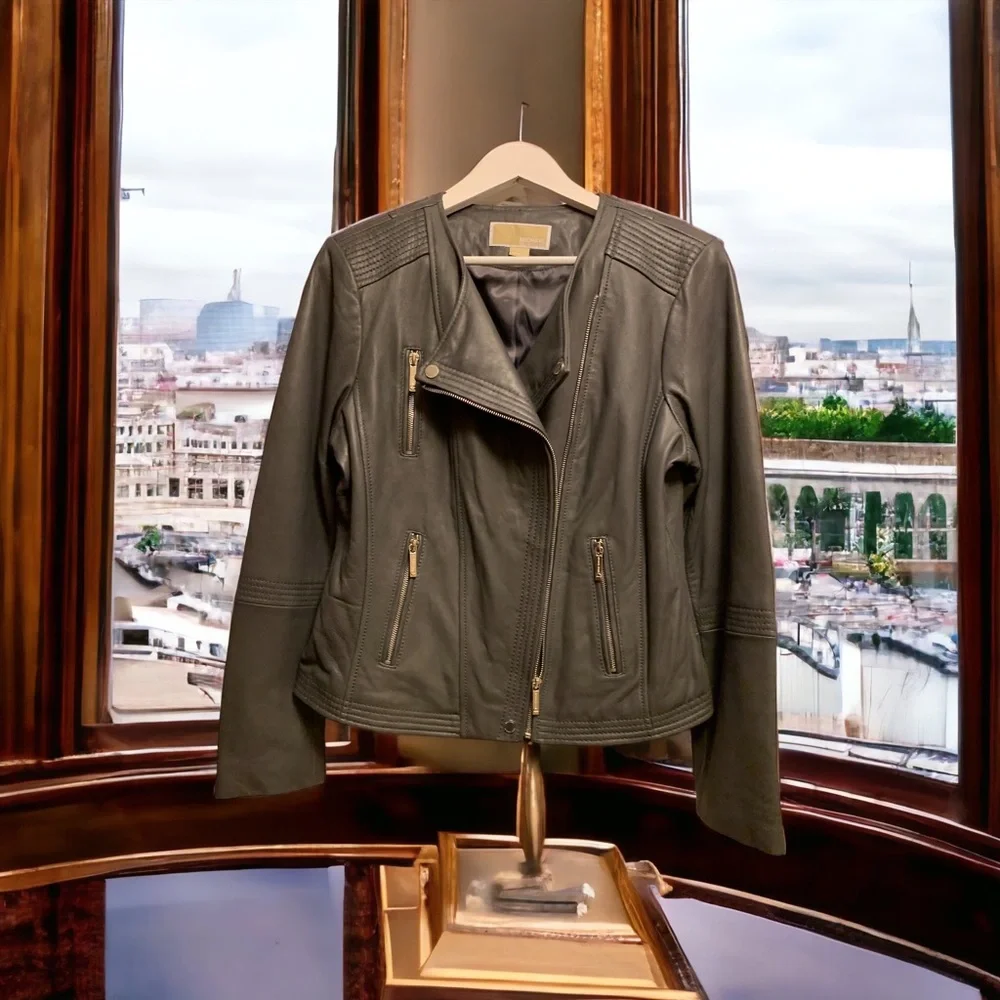 Michael Kors Gray leather jacket size Large. Great Deal - Picture 7 of 8